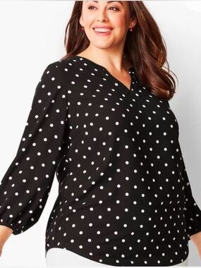 Talbots Women's XL Black/White Polka Dot V-Neck 3/4 Sleeve Woven Blouse Casual